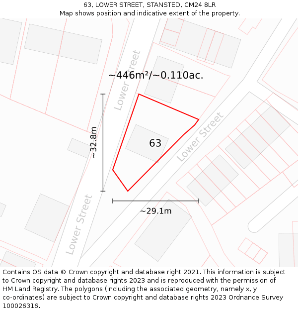 63, LOWER STREET, STANSTED, CM24 8LR: Plot and title map