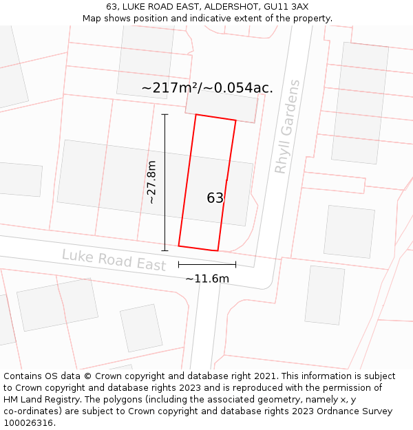 63, LUKE ROAD EAST, ALDERSHOT, GU11 3AX: Plot and title map