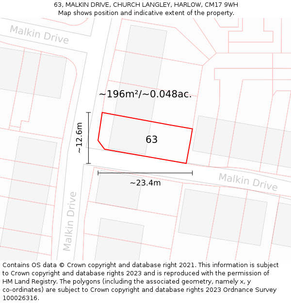 63, MALKIN DRIVE, CHURCH LANGLEY, HARLOW, CM17 9WH: Plot and title map