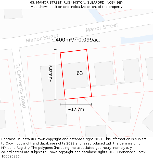 63, MANOR STREET, RUSKINGTON, SLEAFORD, NG34 9EN: Plot and title map