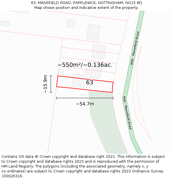 63, MANSFIELD ROAD, PAPPLEWICK, NOTTINGHAM, NG15 8FJ: Plot and title map