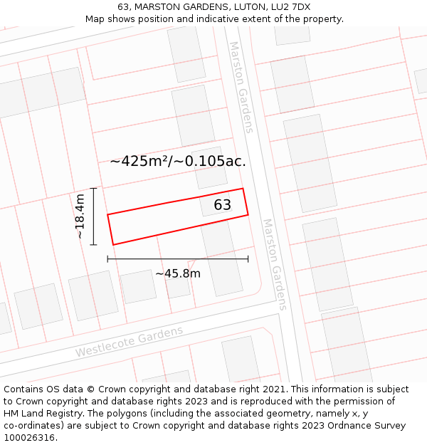 63, MARSTON GARDENS, LUTON, LU2 7DX: Plot and title map