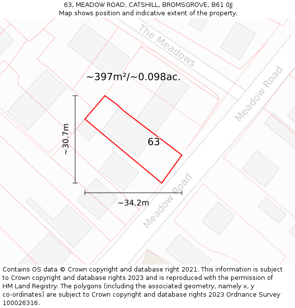 63, MEADOW ROAD, CATSHILL, BROMSGROVE, B61 0JJ: Plot and title map