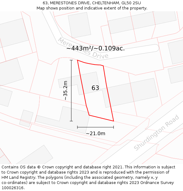 63, MERESTONES DRIVE, CHELTENHAM, GL50 2SU: Plot and title map