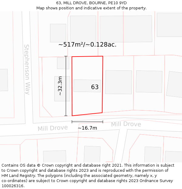 63, MILL DROVE, BOURNE, PE10 9YD: Plot and title map