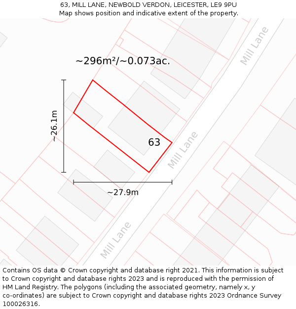 63, MILL LANE, NEWBOLD VERDON, LEICESTER, LE9 9PU: Plot and title map