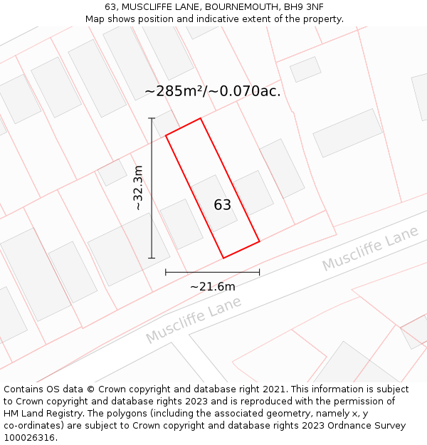 63, MUSCLIFFE LANE, BOURNEMOUTH, BH9 3NF: Plot and title map