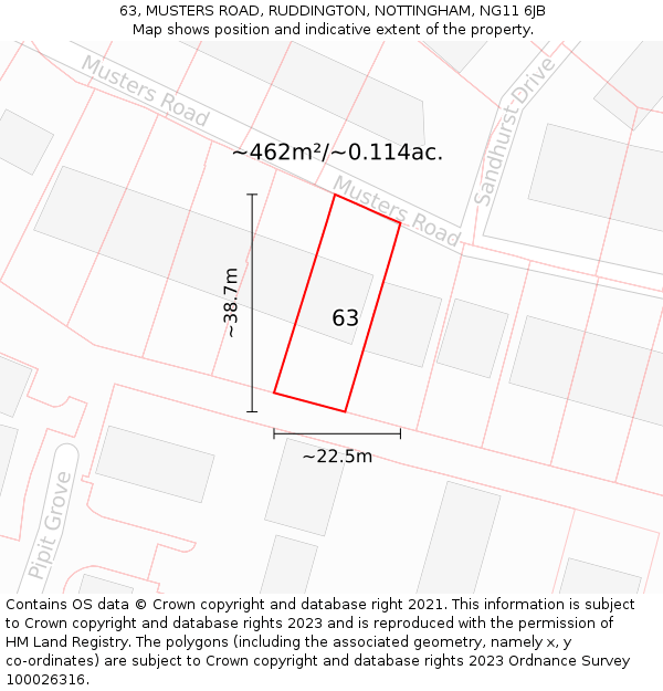 63, MUSTERS ROAD, RUDDINGTON, NOTTINGHAM, NG11 6JB: Plot and title map