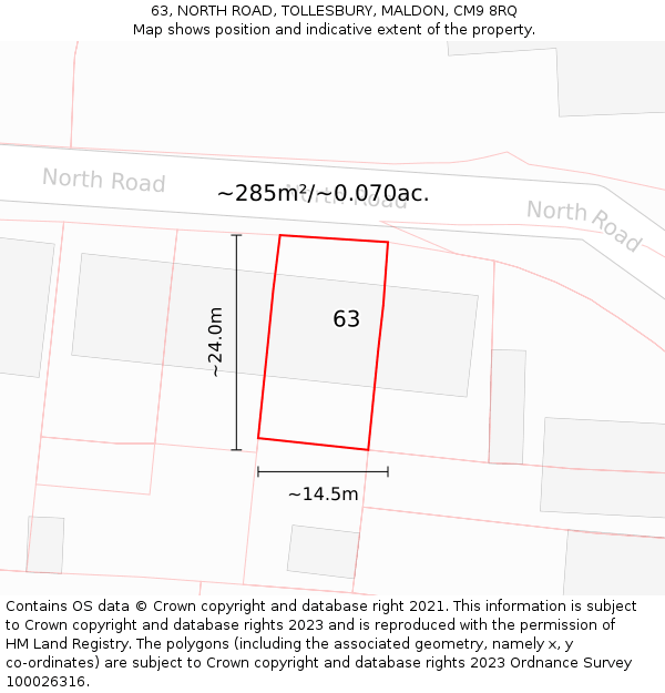 63, NORTH ROAD, TOLLESBURY, MALDON, CM9 8RQ: Plot and title map