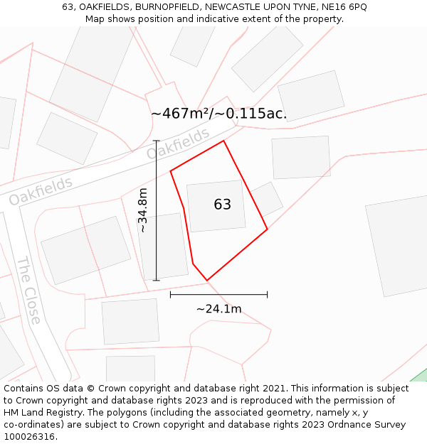 63, OAKFIELDS, BURNOPFIELD, NEWCASTLE UPON TYNE, NE16 6PQ: Plot and title map