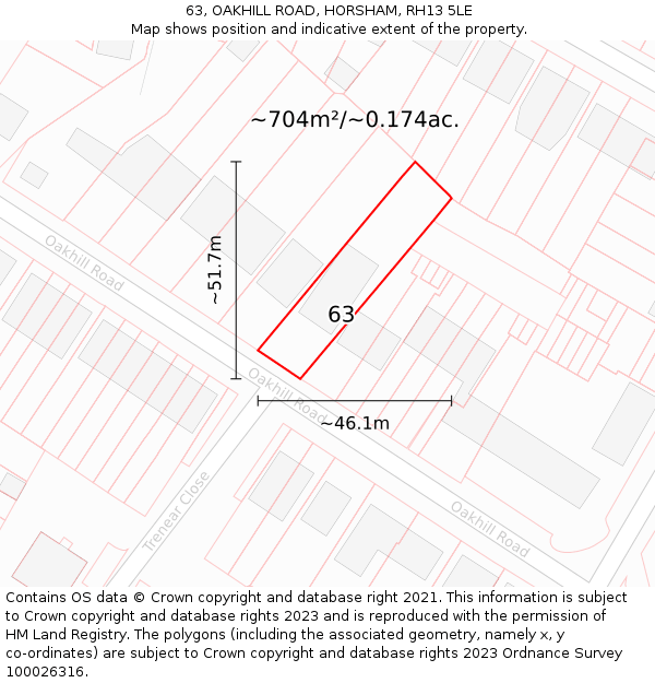 63, OAKHILL ROAD, HORSHAM, RH13 5LE: Plot and title map