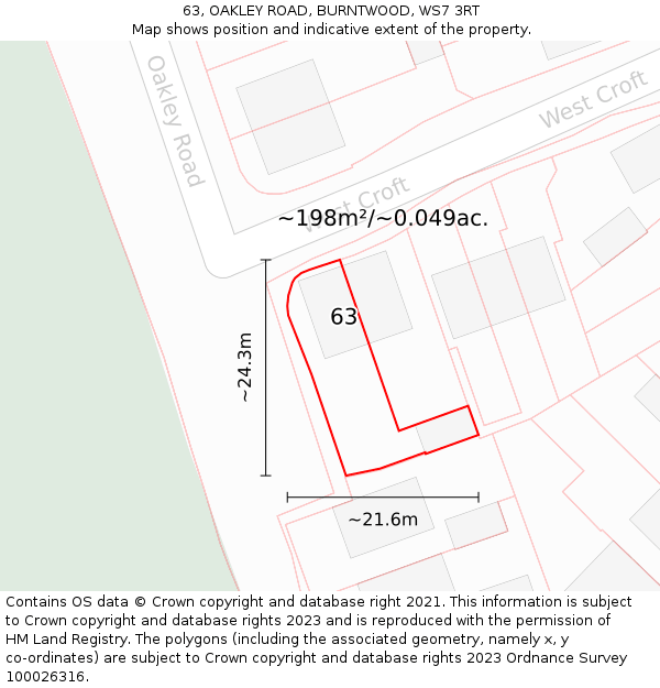 63, OAKLEY ROAD, BURNTWOOD, WS7 3RT: Plot and title map