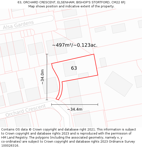 63, ORCHARD CRESCENT, ELSENHAM, BISHOP'S STORTFORD, CM22 6FJ: Plot and title map