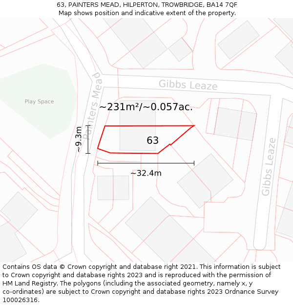 63, PAINTERS MEAD, HILPERTON, TROWBRIDGE, BA14 7QF: Plot and title map