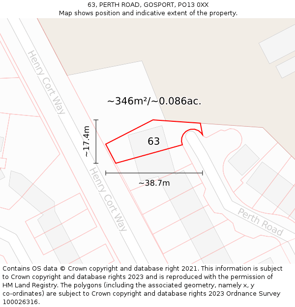 63, PERTH ROAD, GOSPORT, PO13 0XX: Plot and title map