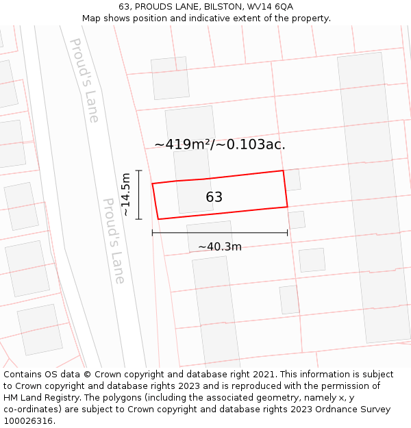 63, PROUDS LANE, BILSTON, WV14 6QA: Plot and title map