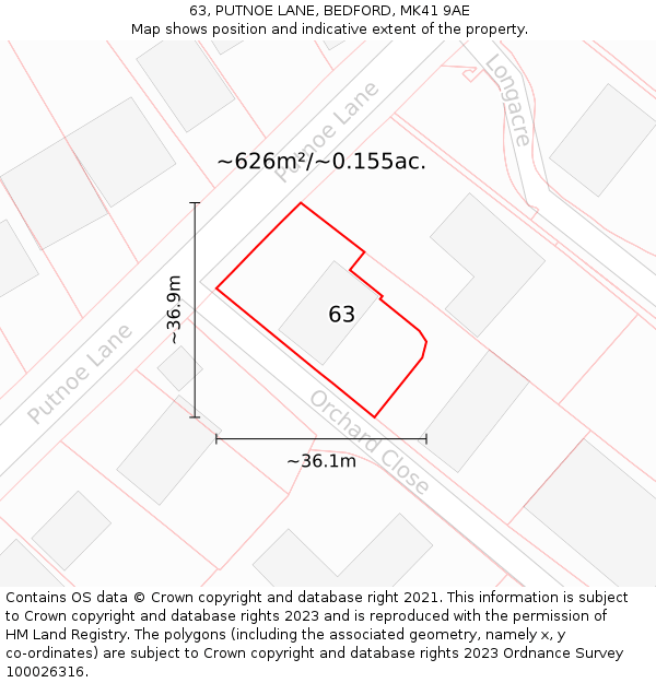 63, PUTNOE LANE, BEDFORD, MK41 9AE: Plot and title map