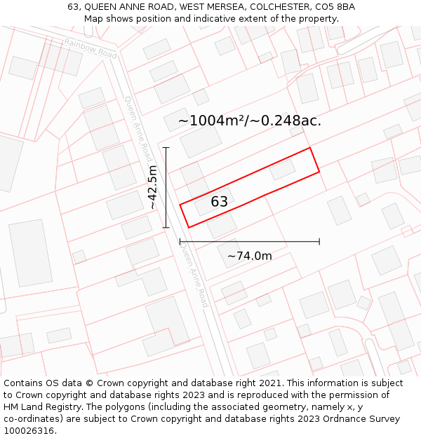 63, QUEEN ANNE ROAD, WEST MERSEA, COLCHESTER, CO5 8BA: Plot and title map