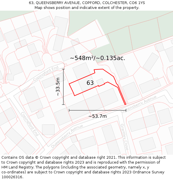 63, QUEENSBERRY AVENUE, COPFORD, COLCHESTER, CO6 1YS: Plot and title map