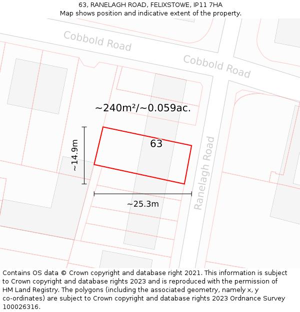63, RANELAGH ROAD, FELIXSTOWE, IP11 7HA: Plot and title map