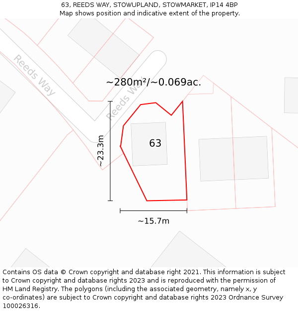 63, REEDS WAY, STOWUPLAND, STOWMARKET, IP14 4BP: Plot and title map