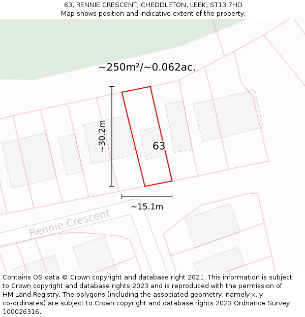 63, RENNIE CRESCENT, CHEDDLETON, LEEK, ST13 7HD: Plot and title map