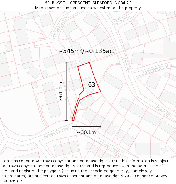 63, RUSSELL CRESCENT, SLEAFORD, NG34 7JF: Plot and title map