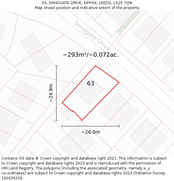 63, SANDGATE DRIVE, KIPPAX, LEEDS, LS25 7QW: Plot and title map