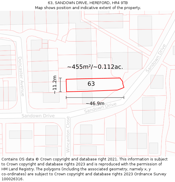 63, SANDOWN DRIVE, HEREFORD, HR4 9TB: Plot and title map