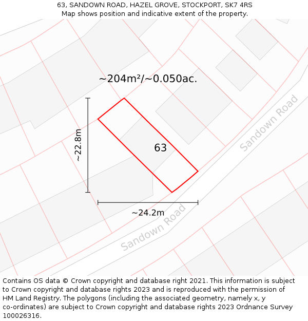 63, SANDOWN ROAD, HAZEL GROVE, STOCKPORT, SK7 4RS: Plot and title map