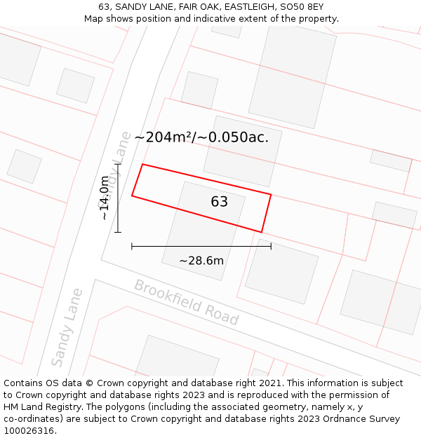 63, SANDY LANE, FAIR OAK, EASTLEIGH, SO50 8EY: Plot and title map