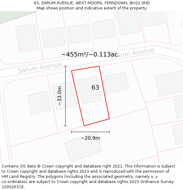 63, SARUM AVENUE, WEST MOORS, FERNDOWN, BH22 0ND: Plot and title map