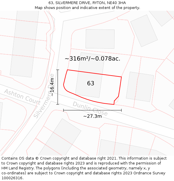 63, SILVERMERE DRIVE, RYTON, NE40 3HA: Plot and title map