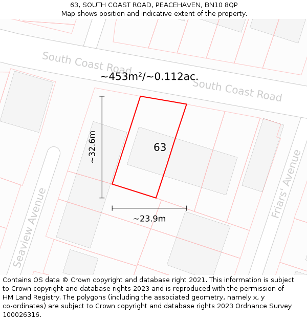 63, SOUTH COAST ROAD, PEACEHAVEN, BN10 8QP: Plot and title map