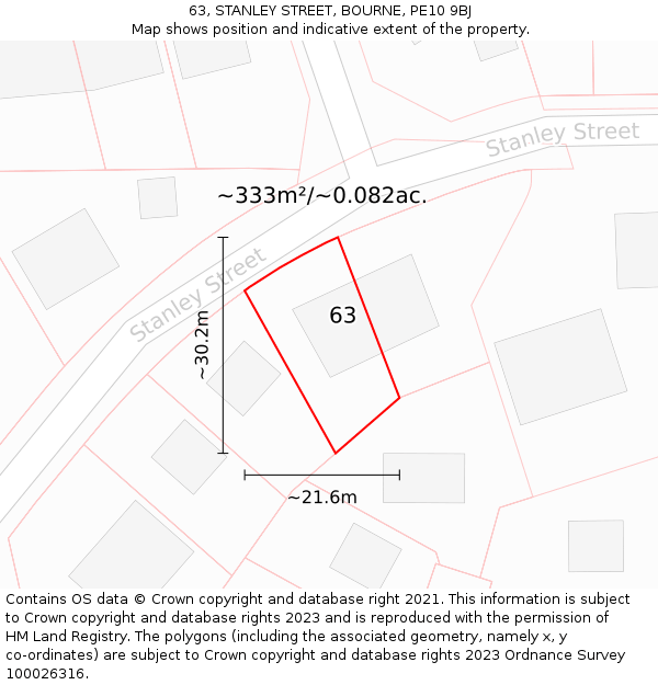 63, STANLEY STREET, BOURNE, PE10 9BJ: Plot and title map