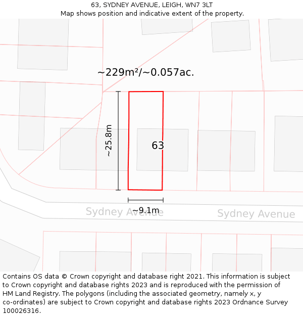 63, SYDNEY AVENUE, LEIGH, WN7 3LT: Plot and title map