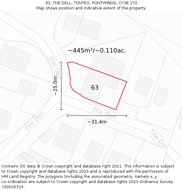 63, THE DELL, TONTEG, PONTYPRIDD, CF38 1TG: Plot and title map