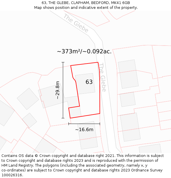 63, THE GLEBE, CLAPHAM, BEDFORD, MK41 6GB: Plot and title map