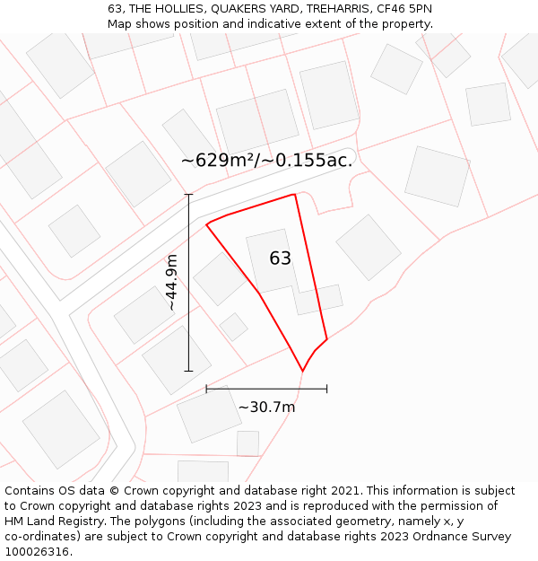 63, THE HOLLIES, QUAKERS YARD, TREHARRIS, CF46 5PN: Plot and title map