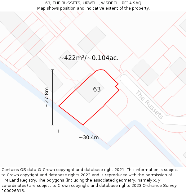 63, THE RUSSETS, UPWELL, WISBECH, PE14 9AQ: Plot and title map