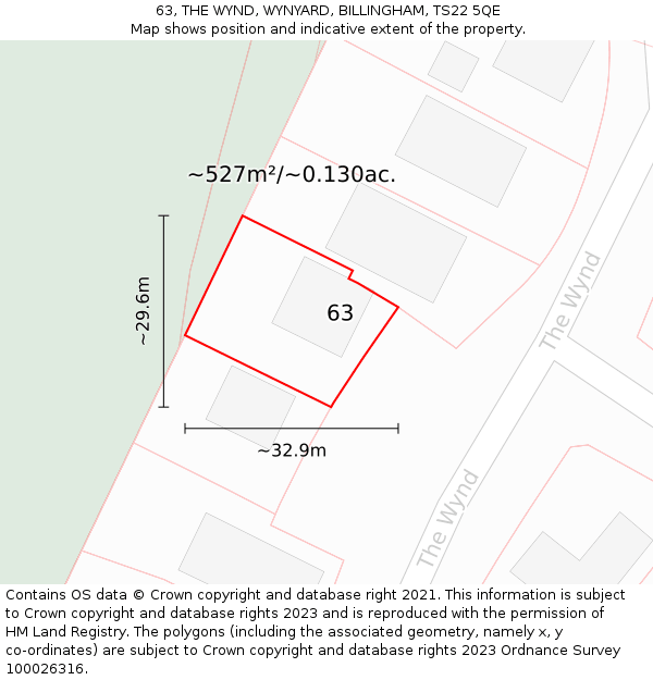 63, THE WYND, WYNYARD, BILLINGHAM, TS22 5QE: Plot and title map