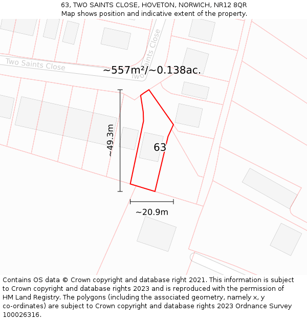 63, TWO SAINTS CLOSE, HOVETON, NORWICH, NR12 8QR: Plot and title map