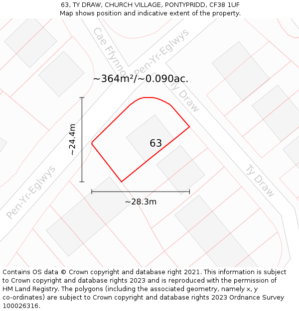 63, TY DRAW, CHURCH VILLAGE, PONTYPRIDD, CF38 1UF: Plot and title map