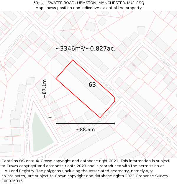 63, ULLSWATER ROAD, URMSTON, MANCHESTER, M41 8SQ: Plot and title map