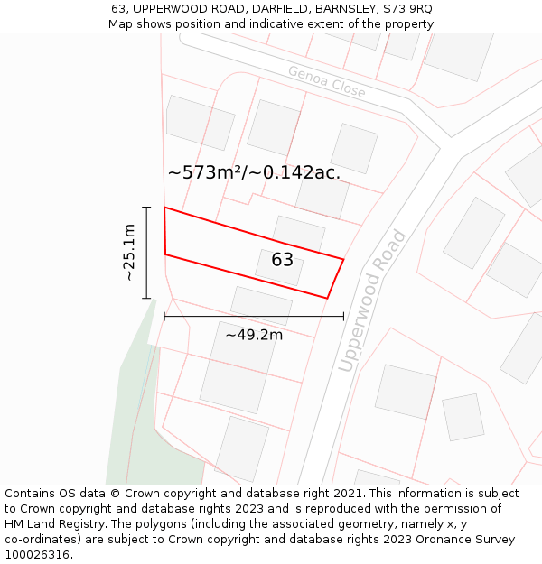 63, UPPERWOOD ROAD, DARFIELD, BARNSLEY, S73 9RQ: Plot and title map