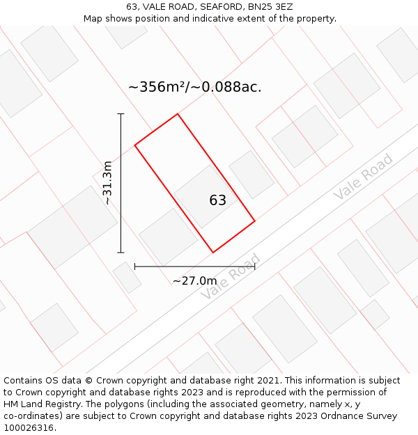 63, VALE ROAD, SEAFORD, BN25 3EZ: Plot and title map