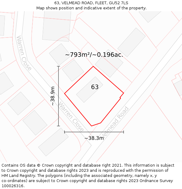 63, VELMEAD ROAD, FLEET, GU52 7LS: Plot and title map