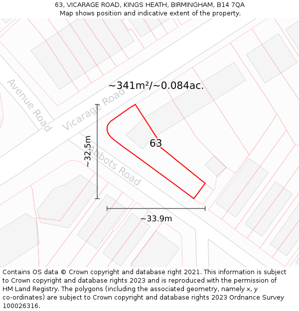 63, VICARAGE ROAD, KINGS HEATH, BIRMINGHAM, B14 7QA: Plot and title map