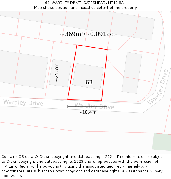 63, WARDLEY DRIVE, GATESHEAD, NE10 8AH: Plot and title map