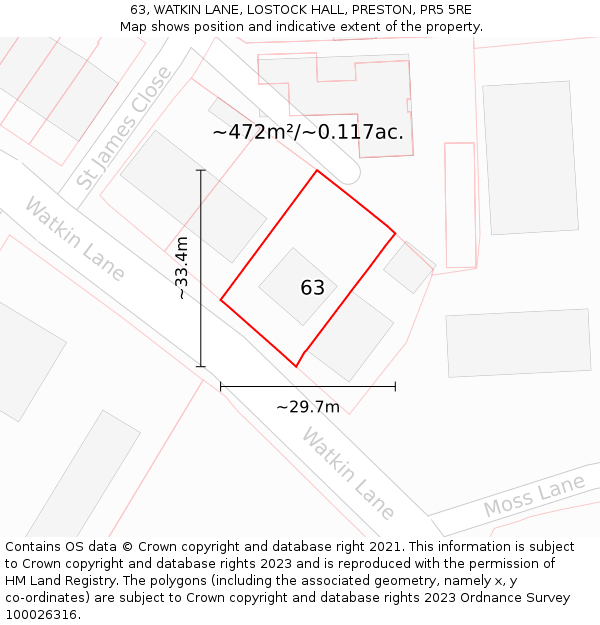 63, WATKIN LANE, LOSTOCK HALL, PRESTON, PR5 5RE: Plot and title map